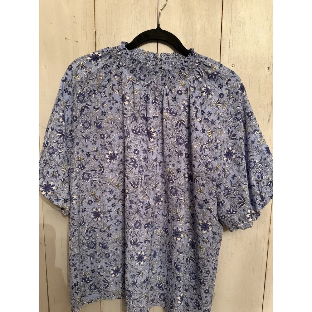 Ann Taylor LOFT Light Blue Floral Blouse Lg Puff Balloon Sleeve Cottage Core Top